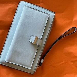 Powder blue wristlet wallet with phone compartment